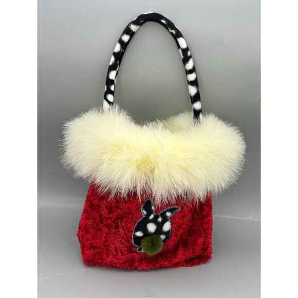 Cowbunnies Red Plush Bunny Handbag With Faux Fur Trim & Polka Dot Handle - Picture 3 of 10
